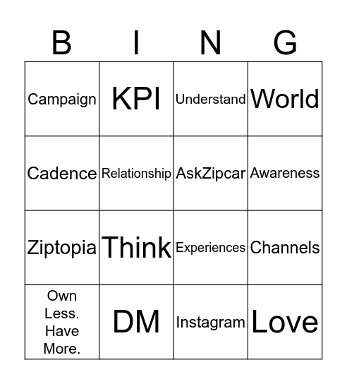 Zipcar Bingo Card
