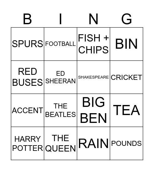 BRITISH BINGO Card