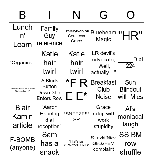 A Day in Row 2 Bingo Card