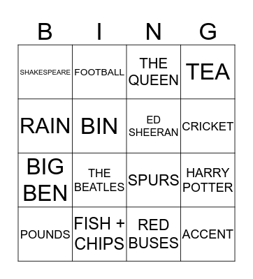 BRITISH BINGO Card