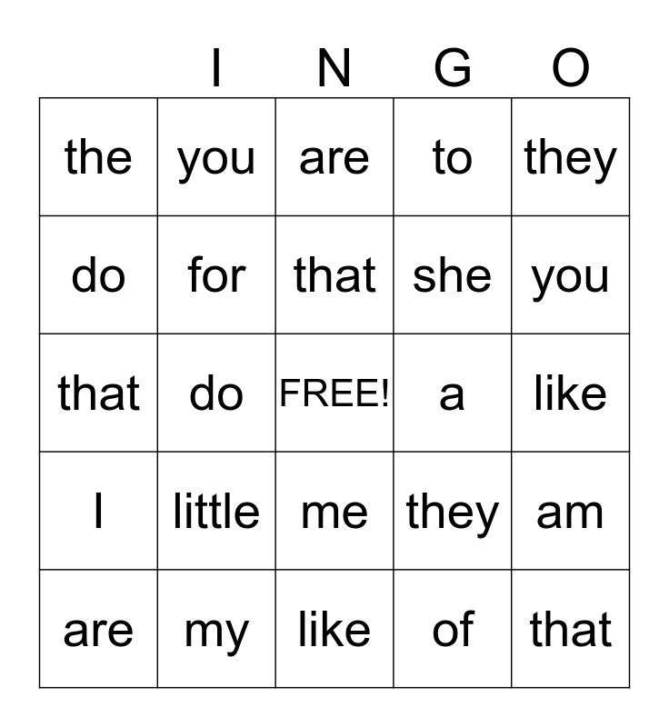 High Frequency Word Bingo Card
