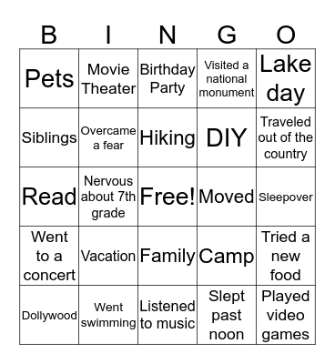 1st Day Bingo Card