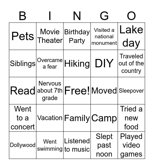 1st Day Bingo Card