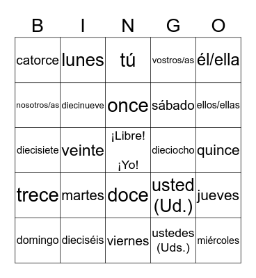 Los Numeros y Los Días de la Semana y Pronombres Bingo Card