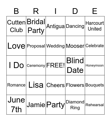 Bridal Bingo Card