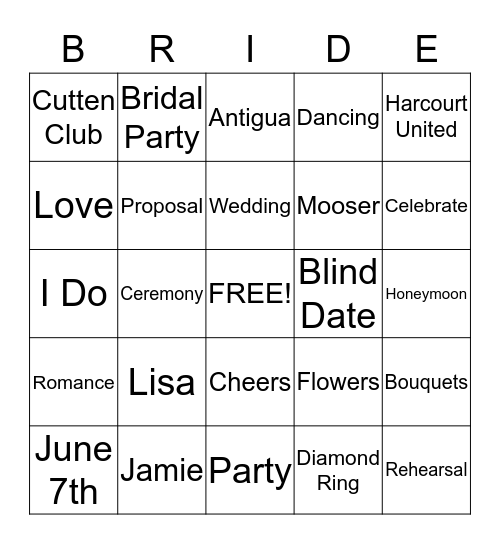 Bridal Bingo Card