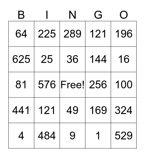 Perfect Squares BINGO Card