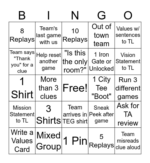 Game Guide Bingo Card