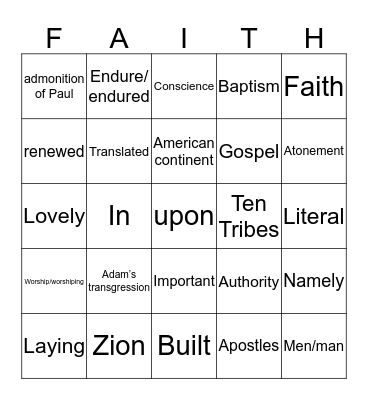 Articles of Faith Bingo Card
