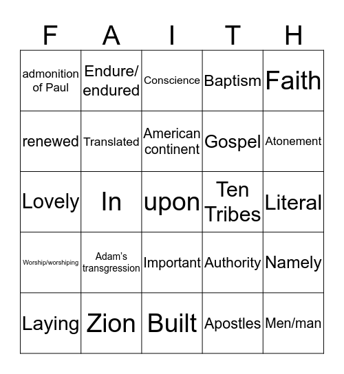 Articles of Faith Bingo Card
