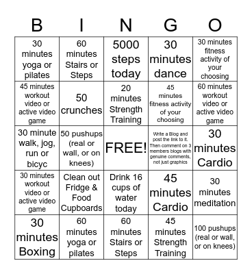 Fitness Bingo Card