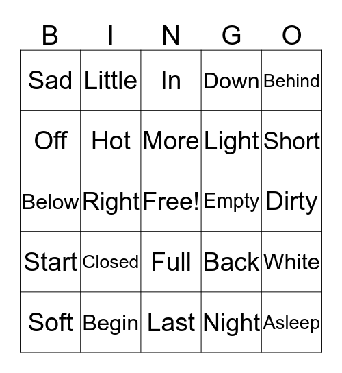 Opposites Bingo Card