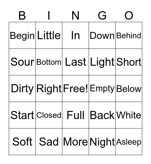 Opposites Bingo Card