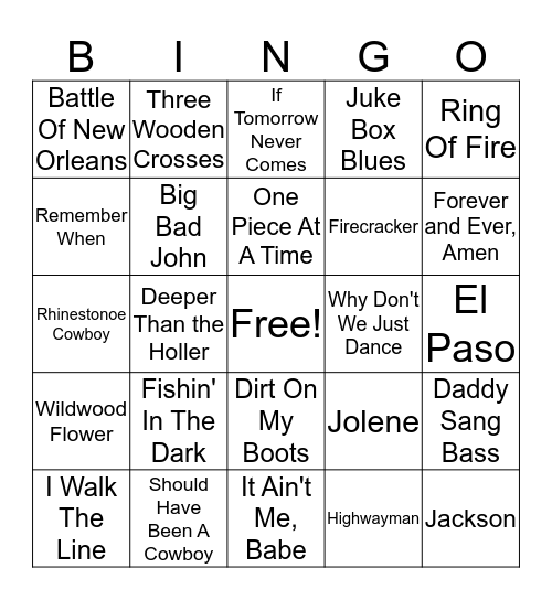 Country SINGO Bingo Card
