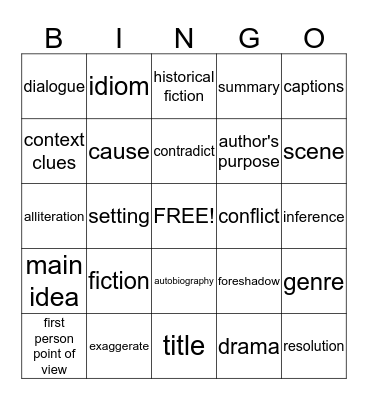 Reading Vocabulary Words Bingo Card