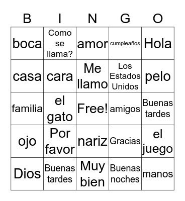 Spanish Bingo Card