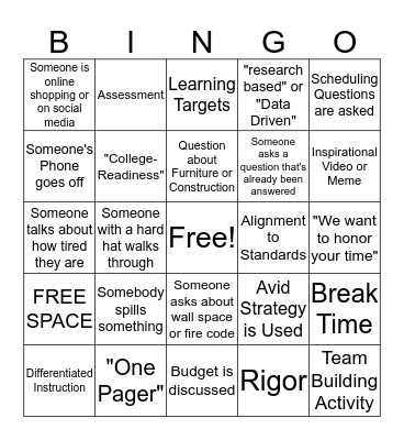 Back to School Staff Meeting BINGO Card