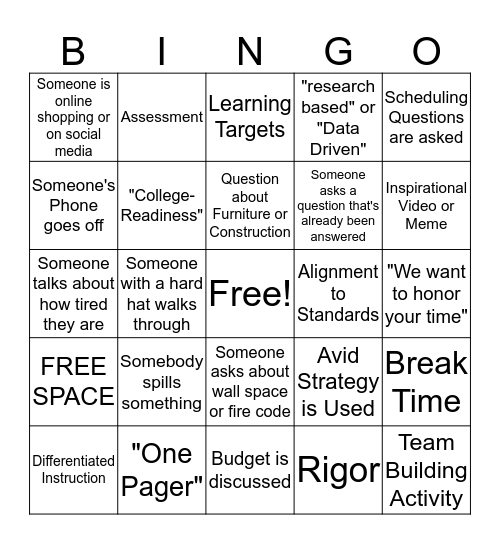 Back to School Staff Meeting BINGO Card