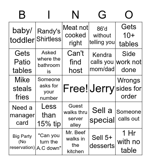 Tavern Bingo  Bingo Card