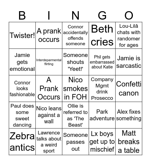 Last Night! Bingo Card