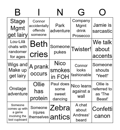 Backstage Bingo!  Bingo Card