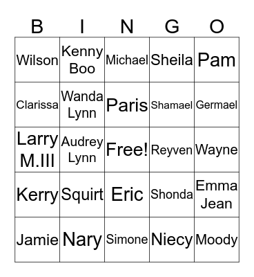 Reed Family Bingo Card