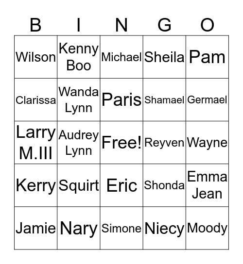 Reed Family Bingo Card