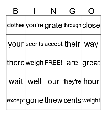 Homophones Bingo Card