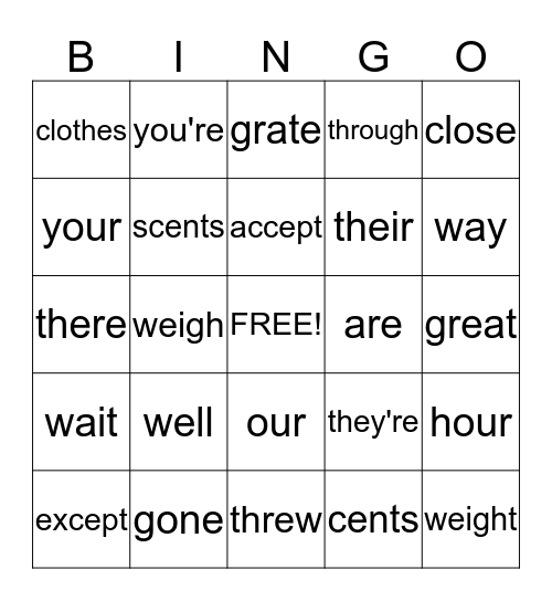 Homophones Bingo Card