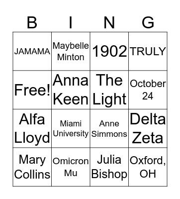 Delta Zeta Founder's Day Bingo Card