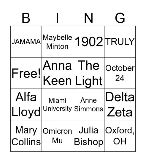 Delta Zeta Founder's Day Bingo Card