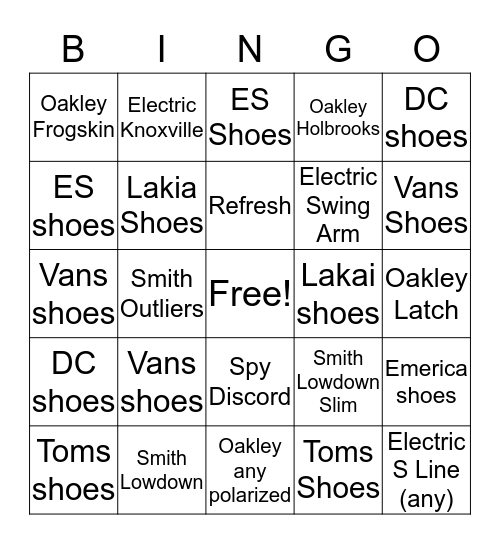 Shoes and Sunnies BINGO Card