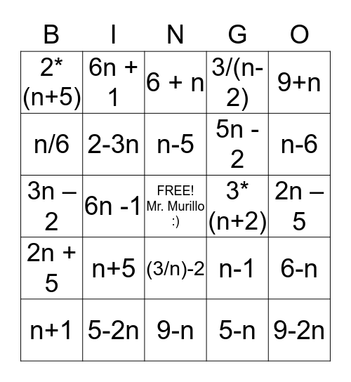 Reading and Writing Expressions Bingo Card