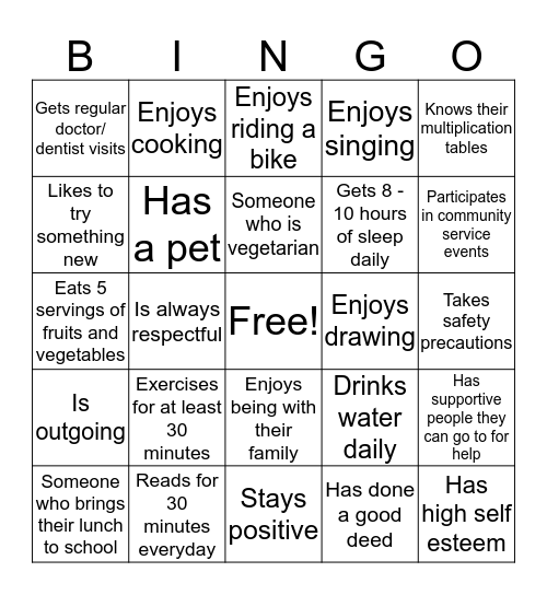 Dimension of Health Bingo Card