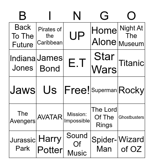 Movie SINGO Bingo Card