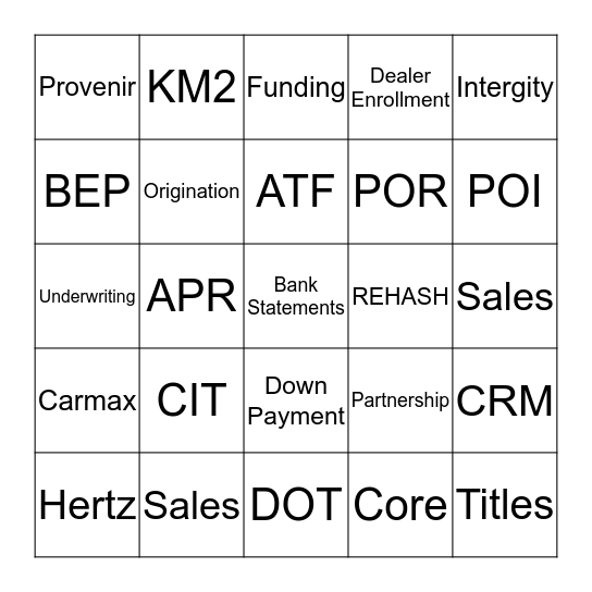 Orginations Bingo Card