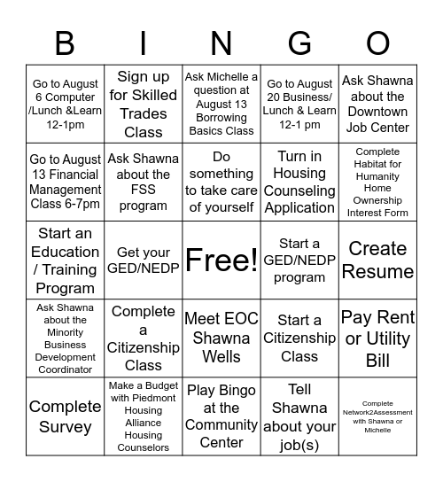 August Community Wealth Building Bingo  Bingo Card