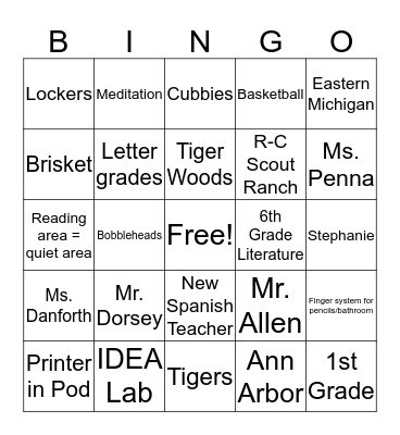 Welcome to 5th Grade! Bingo Card