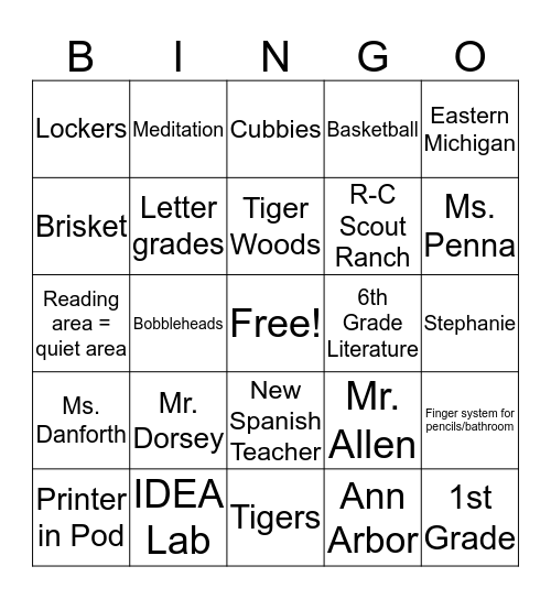 Welcome to 5th Grade! Bingo Card
