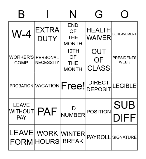 PAYROLL BINGO Card