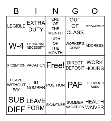 PAYROLL BINGO Card