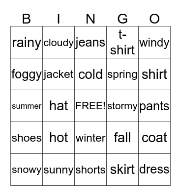 WEATHER AND CLOTHES Bingo Card