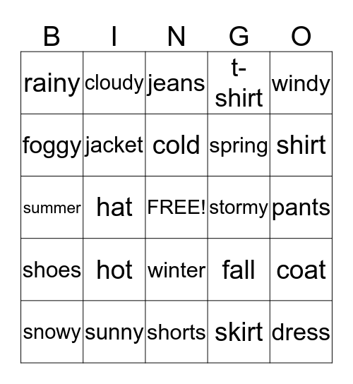 WEATHER AND CLOTHES Bingo Card