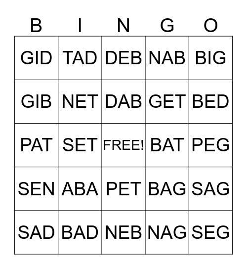 LETTERS A, B, E, G, N, P, S, T READING Bingo Card