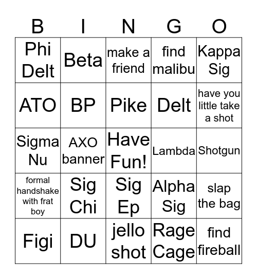 Frat Lap Bingo Card