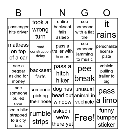 Road Trip Bingo Card