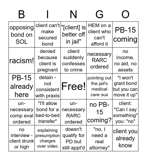 Bond Hearing Bingo Card