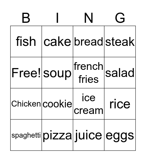 Food Bingo Card