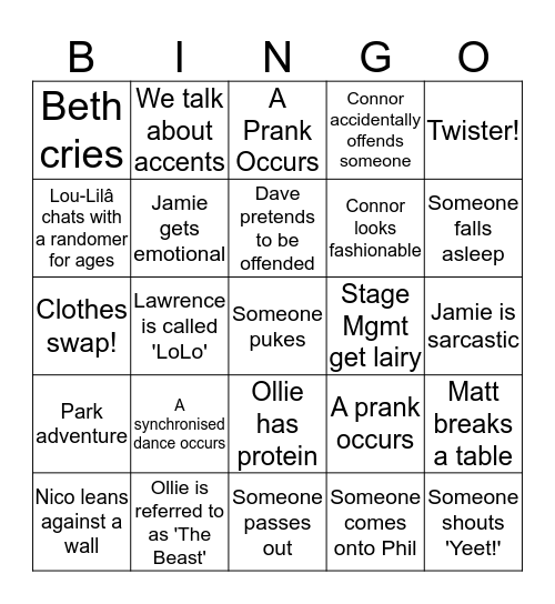 Backstage Bingo!  Bingo Card