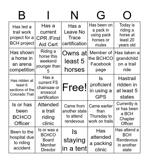 2019 BCHCO RENDEZVOUS BINGO Card